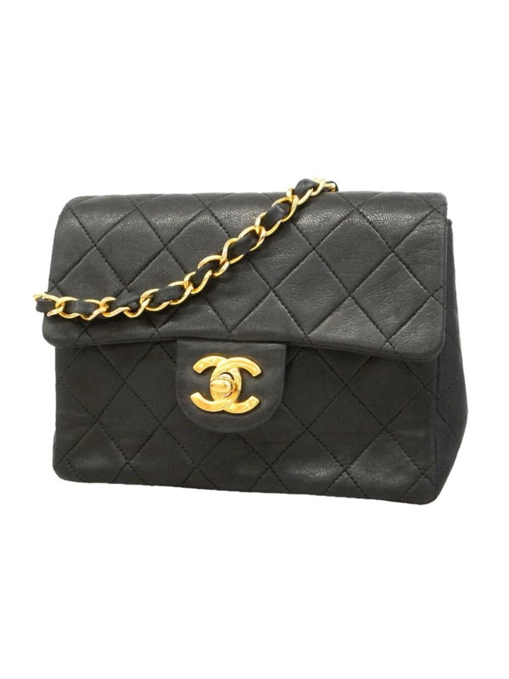 Chanel Shoulder Bag Mini Quilted Lambskin Black Gold